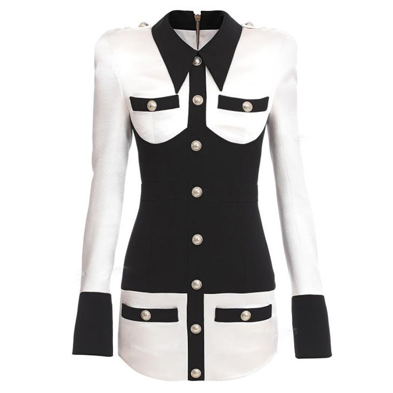 Lion Button Rivet Button Satin Satin Black And White ContrastColor Hip Dress