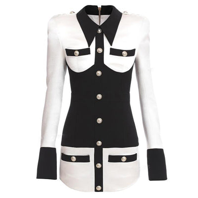 Lion Button Rivet Button Satin Satin Black And White ContrastColor Hip Dress