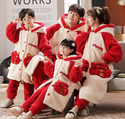 Autumn And Winter Parent-child Coral Velvet Pajamas Family Of Three Children Large Size Thickened Robe Nightgown