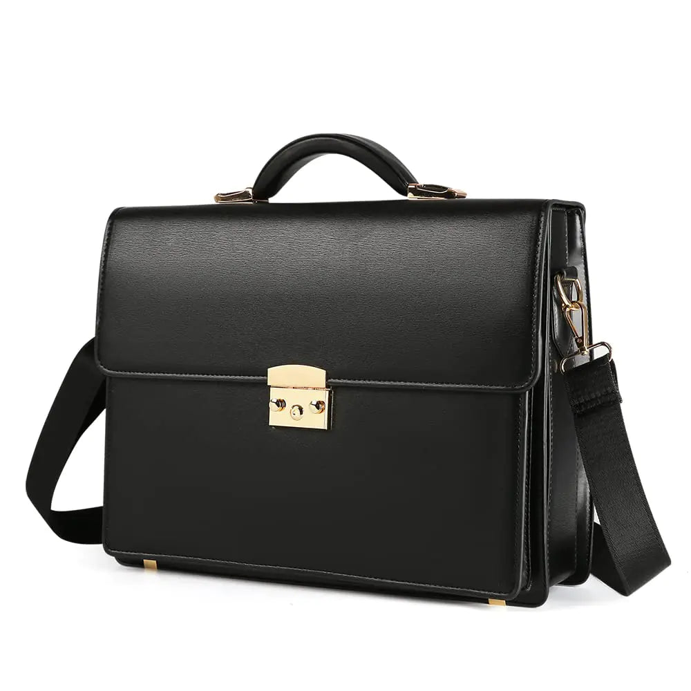 Business Mens Leather Briefcase Locking Black Laptop Messenger Bag