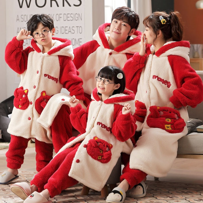 Autumn And Winter Parent-child Coral Velvet Pajamas Family Of Three Children Large Size Thickened Robe Nightgown
