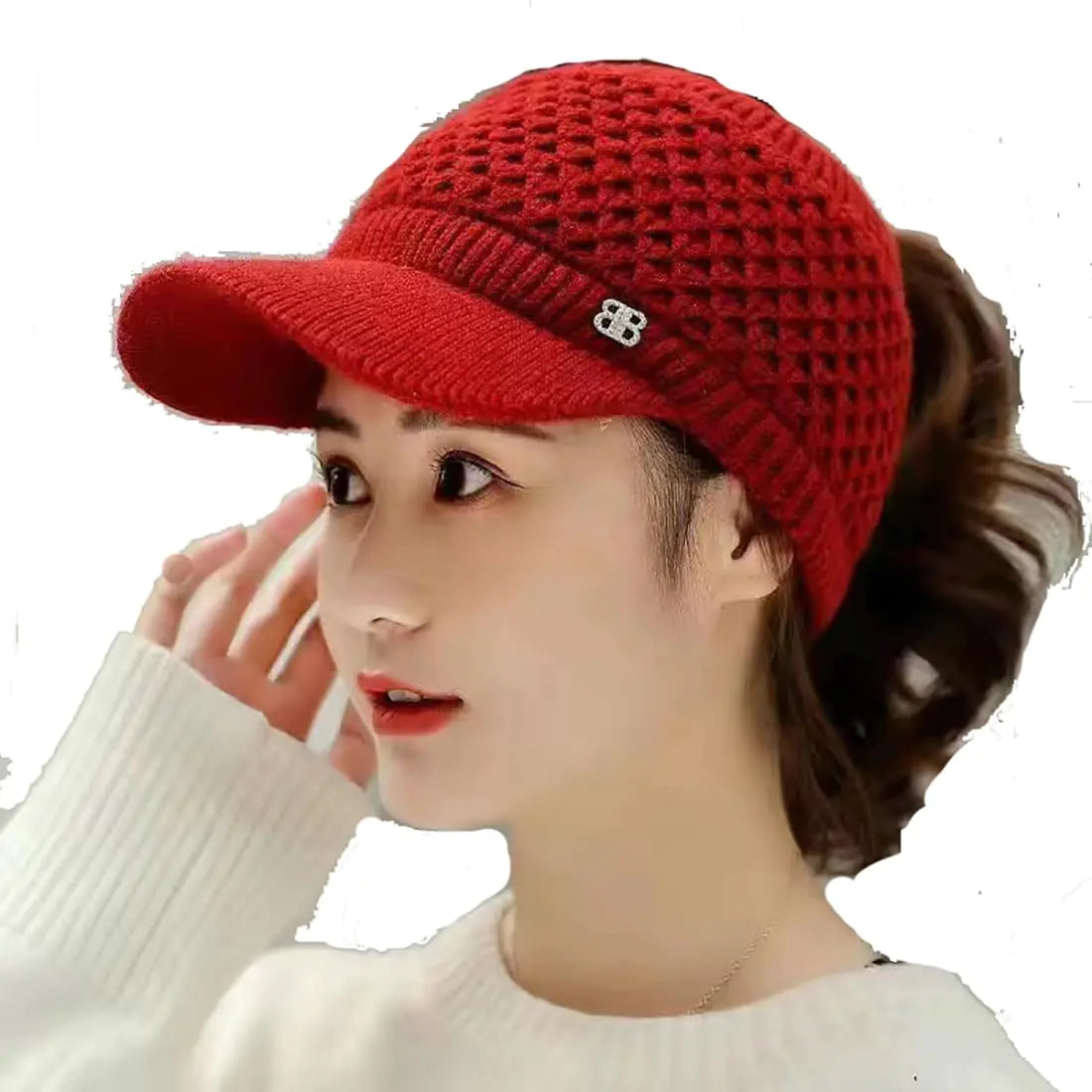 Xilery Womens Ladys Knit Winter Warm Baseball Cap Visor Skull Beanie Outdoor Runner Cap with Tail Hole (Deep Red)